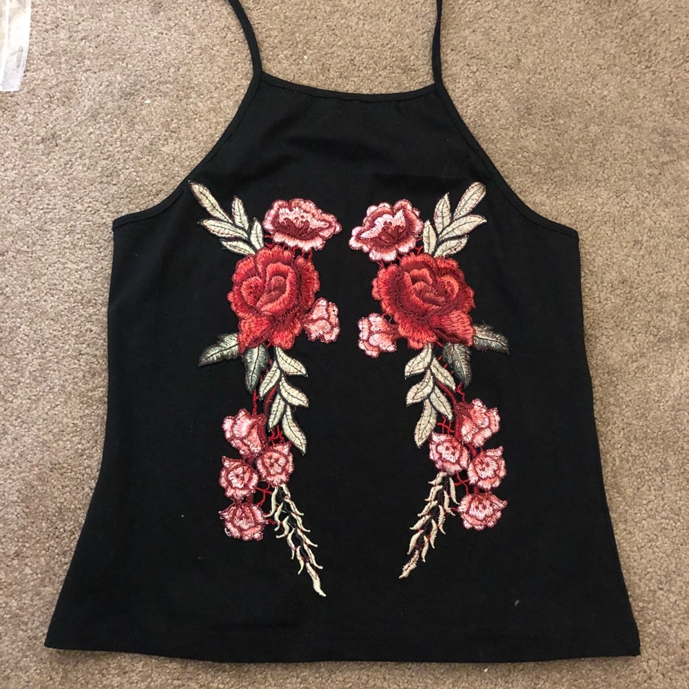 Embroidered  black halter top NEVER WORN